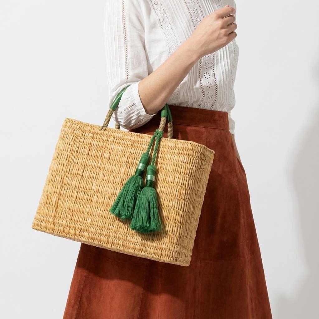 Melecraft - Bohemia Woven Reed Tote Bag with Orange Tassels: Orange.