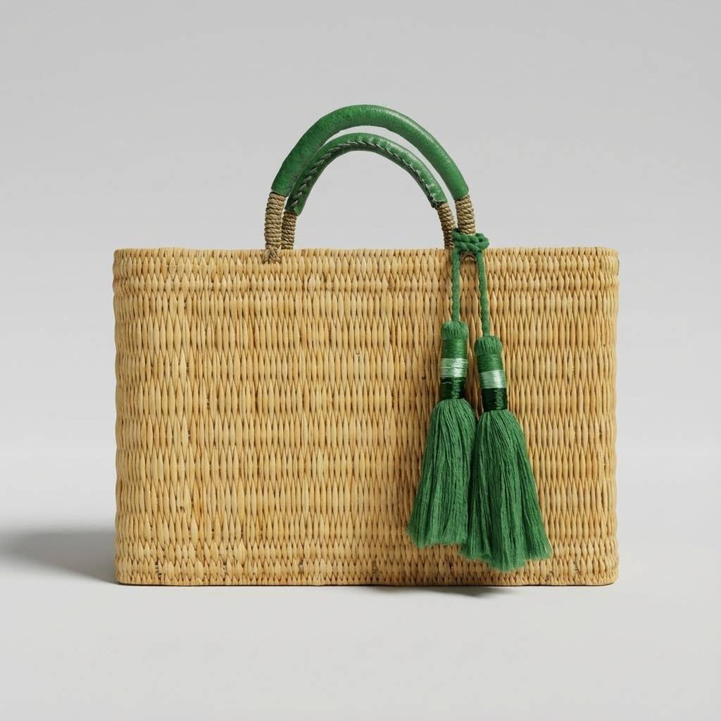 Melecraft - Bohemia Woven Reed Tote Bag with Orange Tassels: Orange.