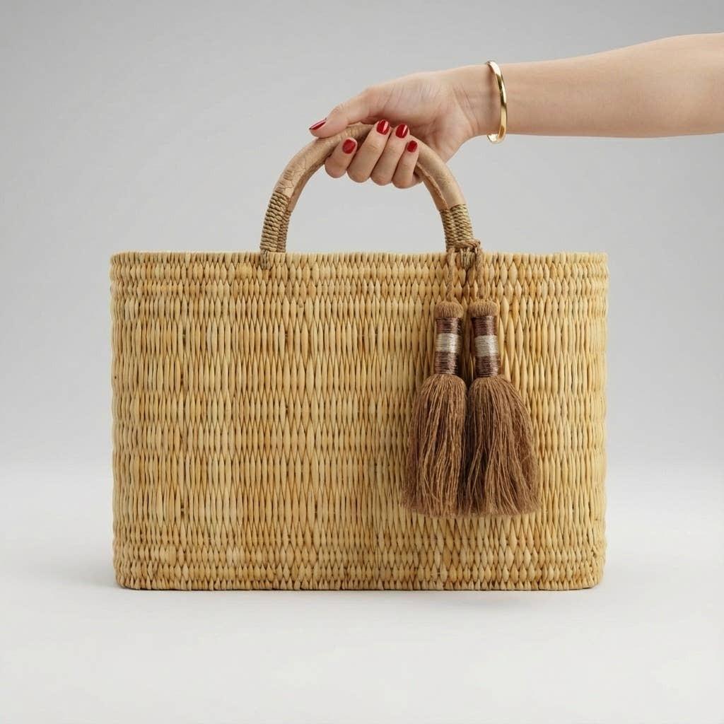Melecraft - Bohemia Woven Reed Tote Bag with Orange Tassels: Orange.