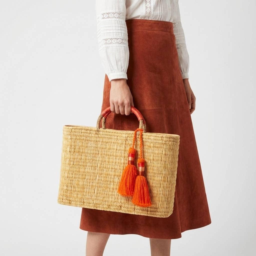 Melecraft - Bohemia Woven Reed Tote Bag with Orange Tassels: Green.