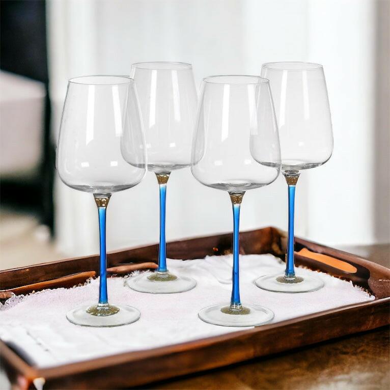 Set of Four Blue and Gold Wine Glasses.