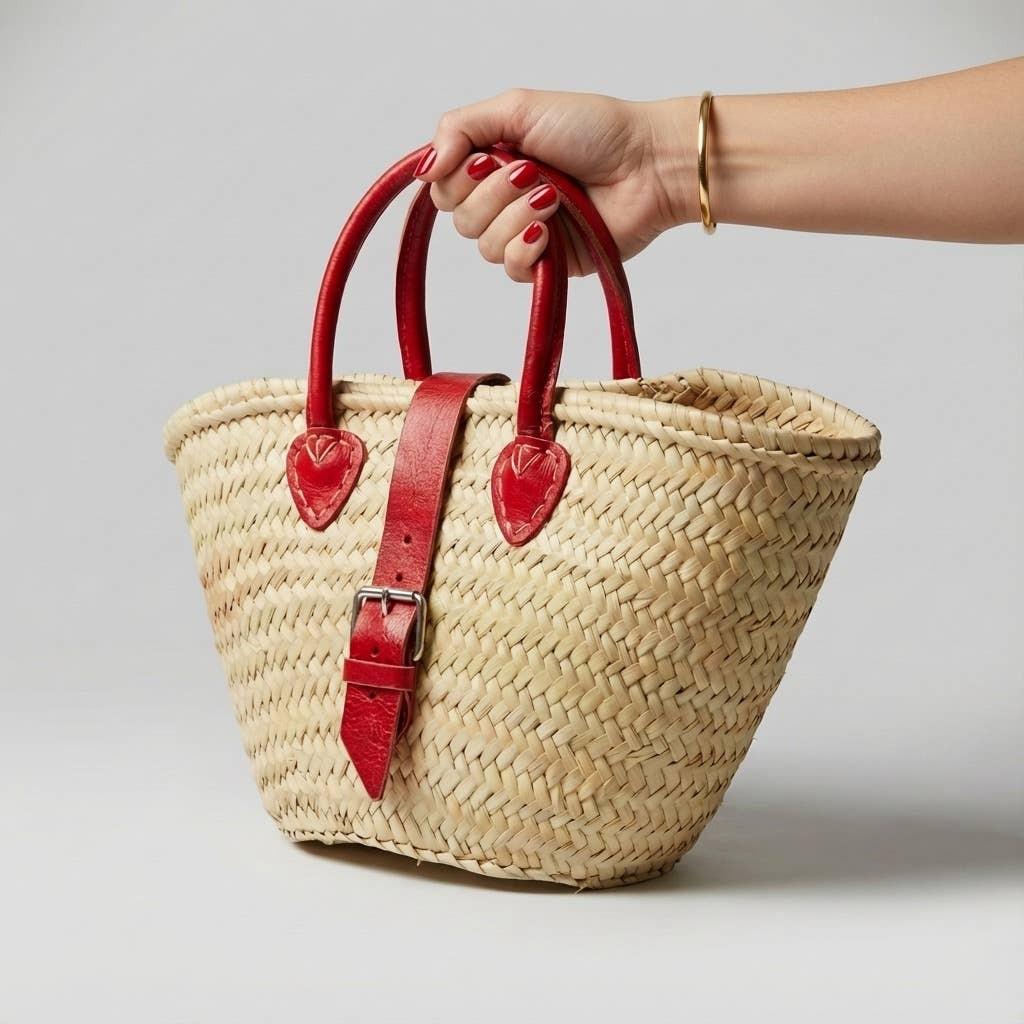 Melecraft - Mini French Market Basket Leather Buckle Straw Bag : Red.