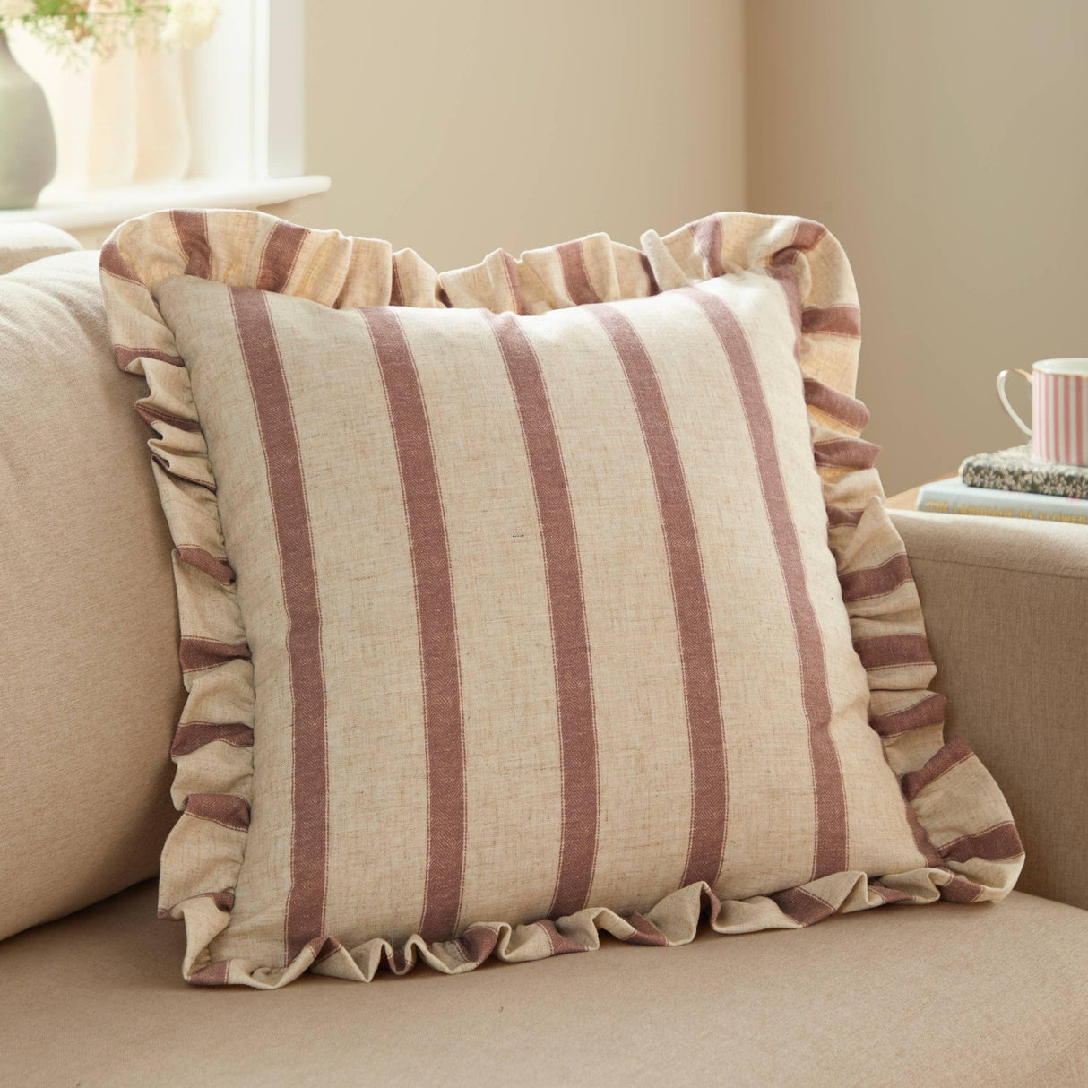 Riva Home - Connie Square Striped Ruffle Cushion Clay Pink: Clay Pink / Polyester Filled / 45 x 45cm.