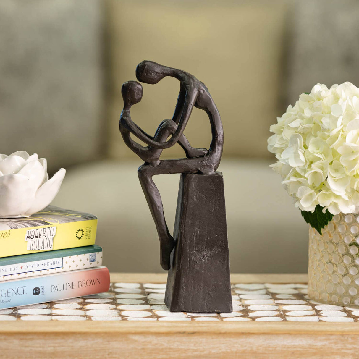 Mother and Child Tender Embrace Cast Iron Sculpture