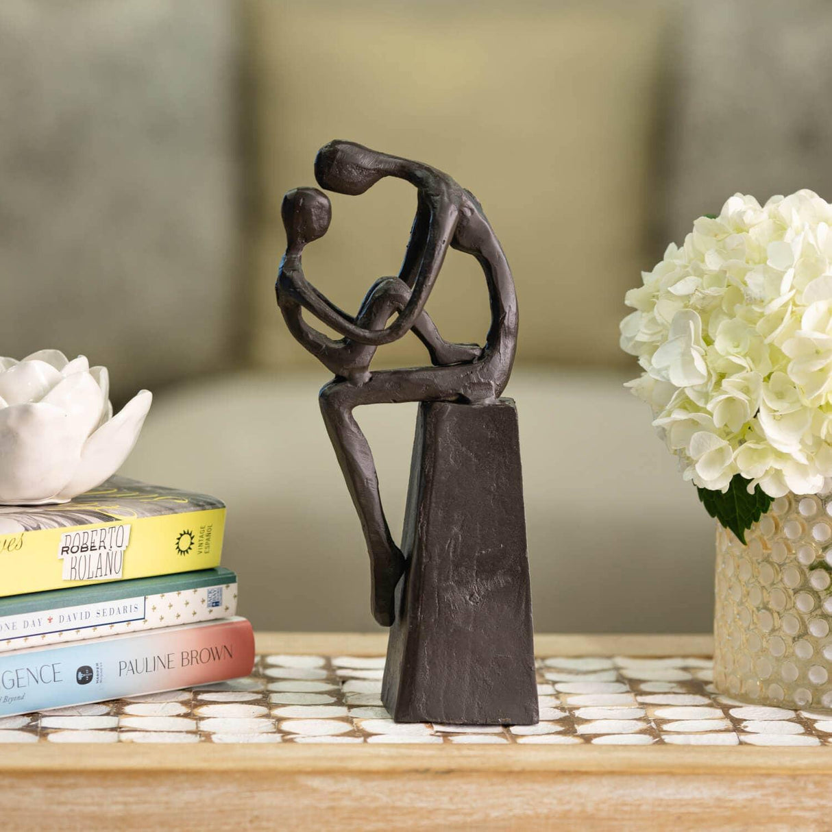 Mother and Child Tender Embrace Cast Iron Sculpture