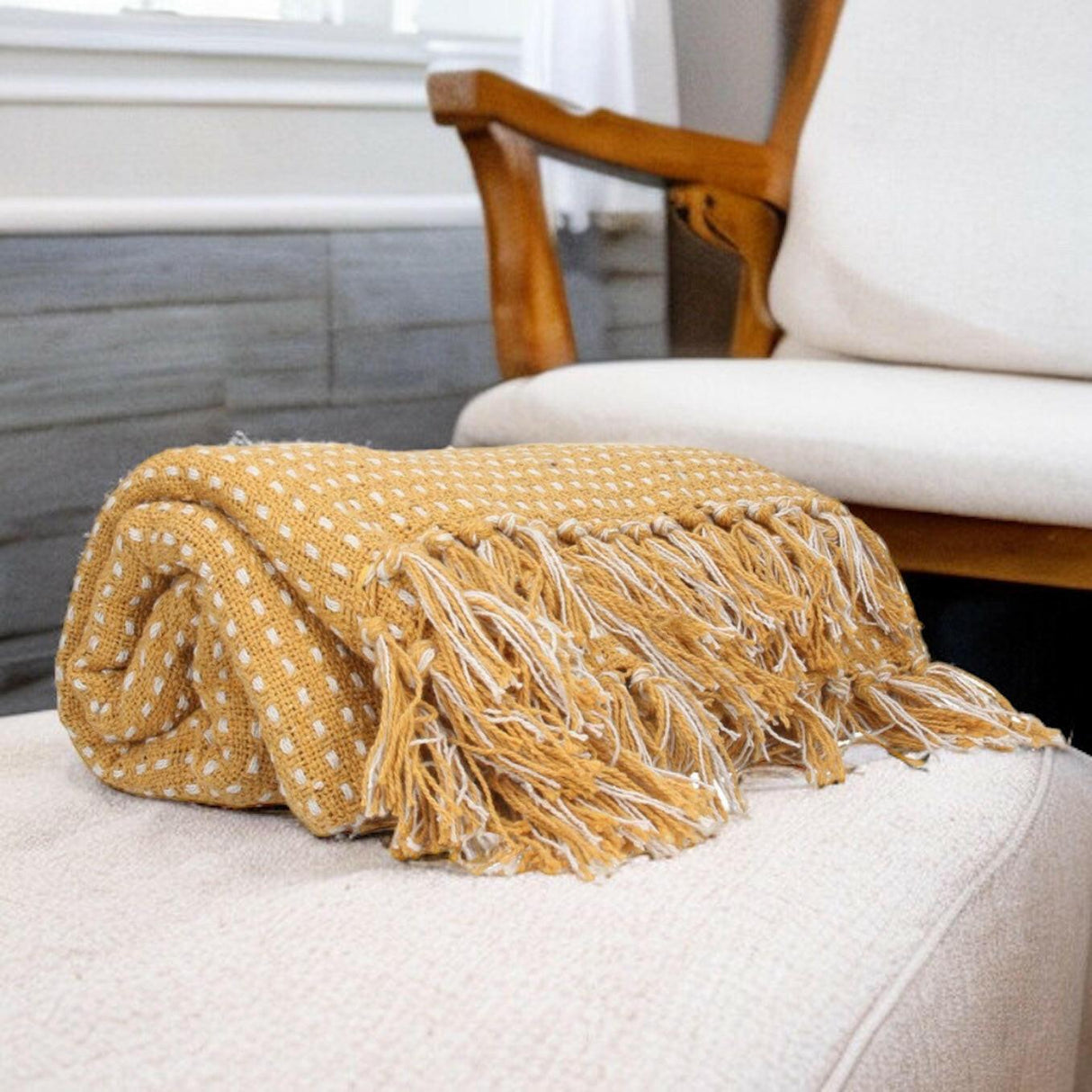 Pale Ochre and White Throw.