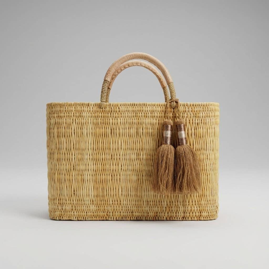 Melecraft - Bohemia Woven Reed Tote Bag with Orange Tassels: Orange.