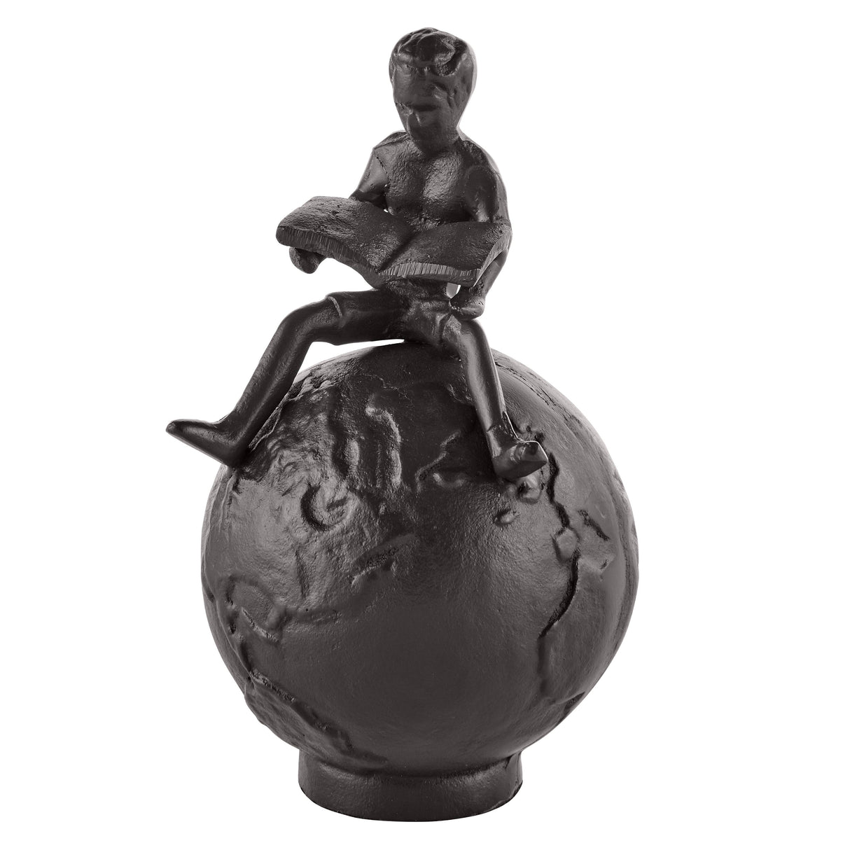 Brown Cast Iron Boy Reading on Globe Sculpture