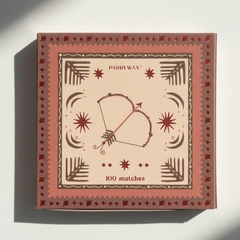 Matches box with decorative design and 'PaddyWax' branding on a white background