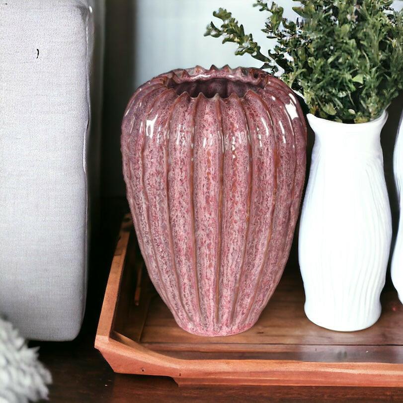 Large Pink Ribbed Vase.