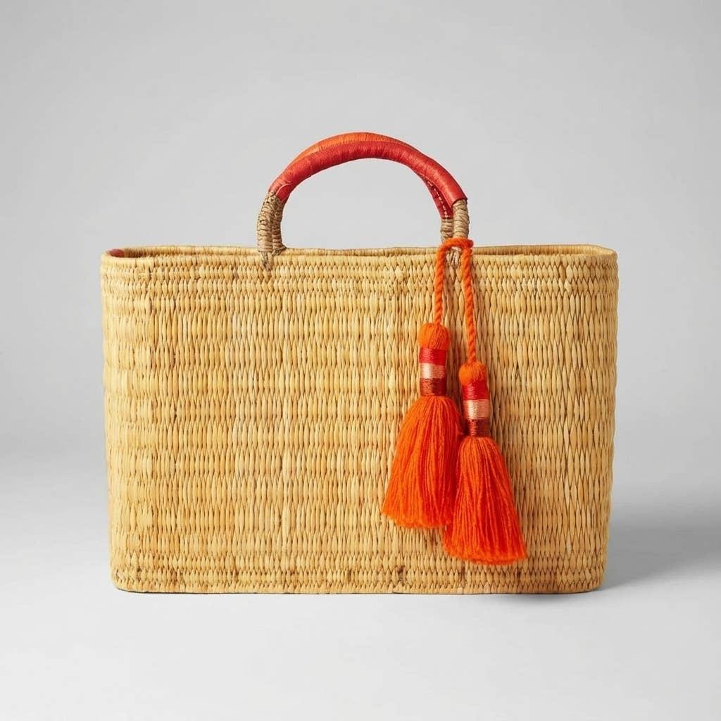 Melecraft - Bohemia Woven Reed Tote Bag with Orange Tassels: Orange.