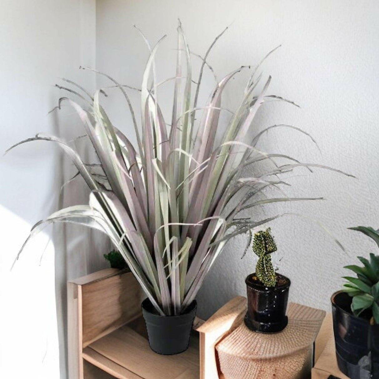 Large Faux Lilac Onion Grass in Black Pot.