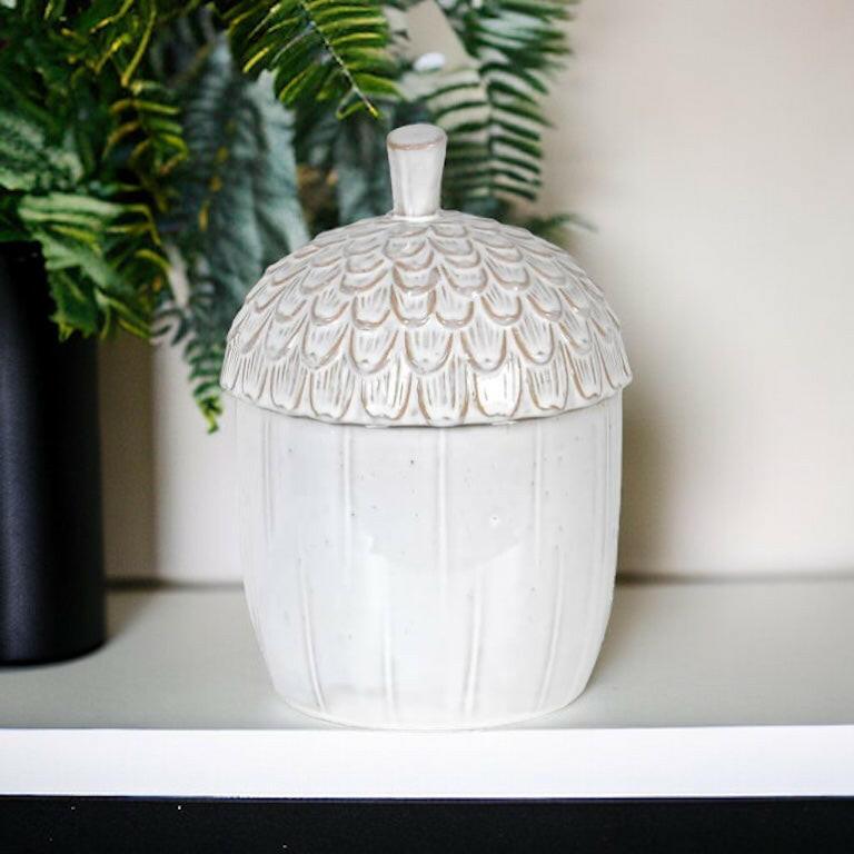 White Ceramic Acorn Jar.