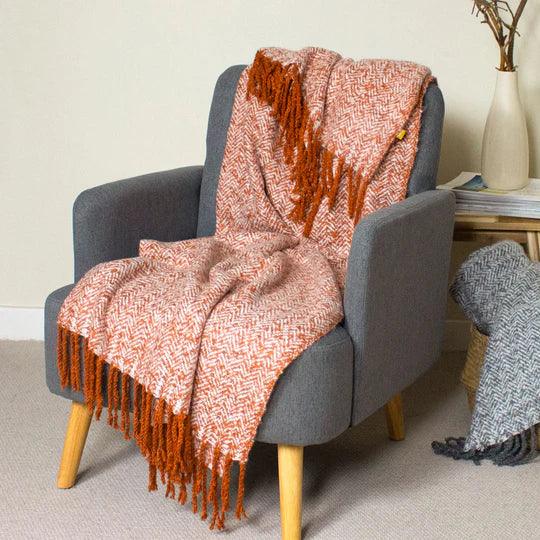 Orange Wool Herringbone Pattern Throw.