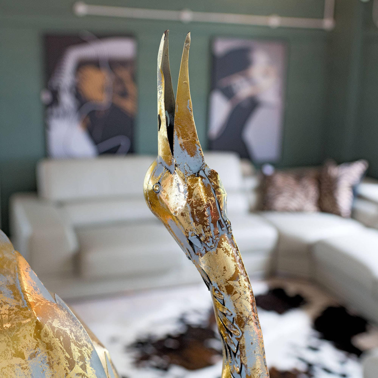 Gold Metal Standing Crane Head Up Sculpture