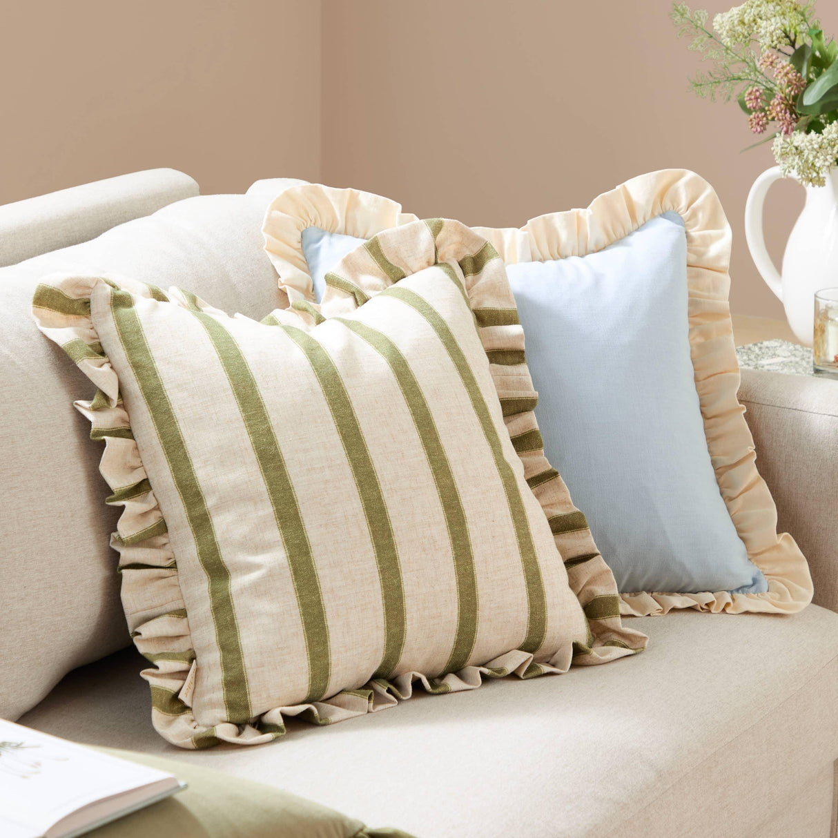 Riva Home - Connie Square Striped Ruffle Cushion Olive: Olive / Polyester Filled / 45 x 45cm.