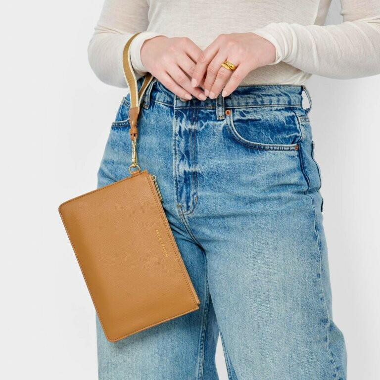 Zana Canvas Wristlet Pouch in Tan.