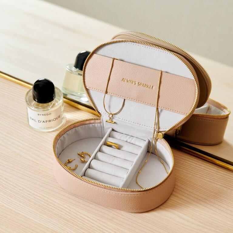 Oval Jewellery Box in Nude Pink.