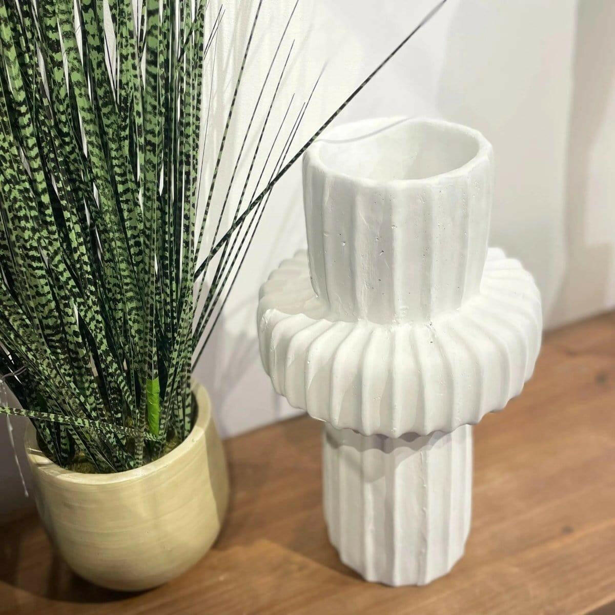 Contemporary White Ribbed Ceramic Vase.