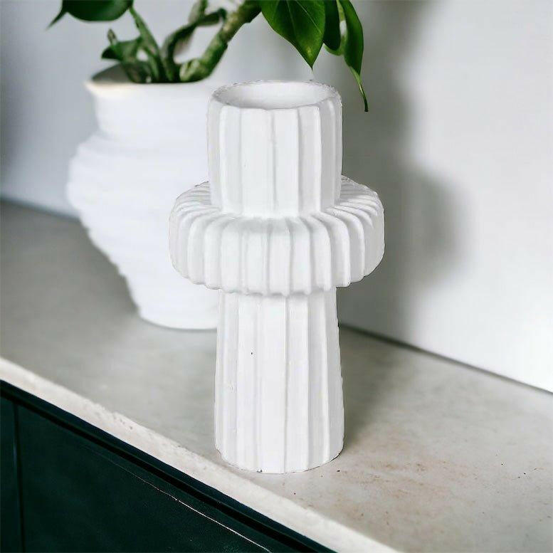 Contemporary White Ribbed Ceramic Vase.
