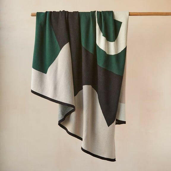 Dark Green Abstract Cotton Knit Throw Blanket.