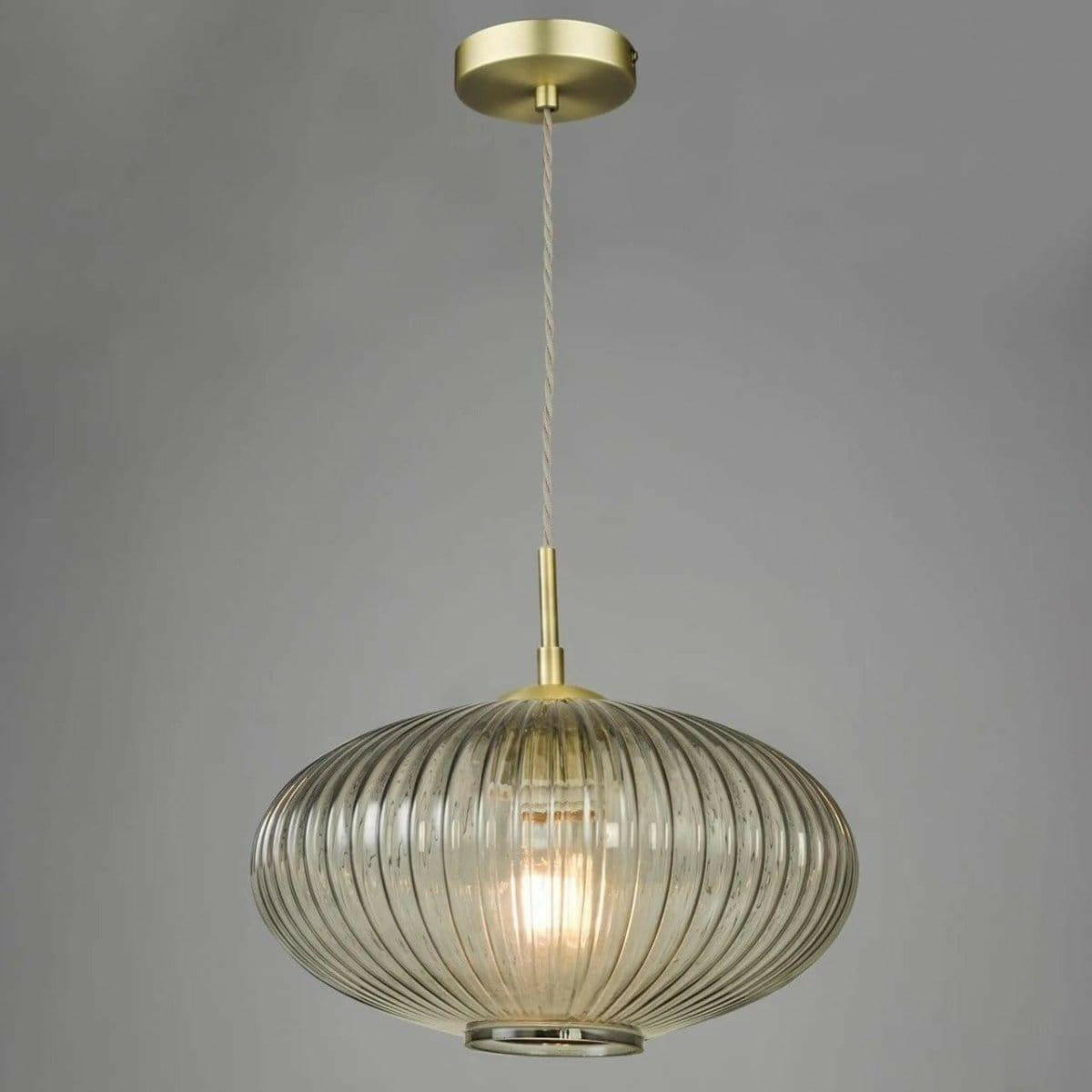Edmond 1 Light Pendant Smoked Glass Antique Brass Detail.