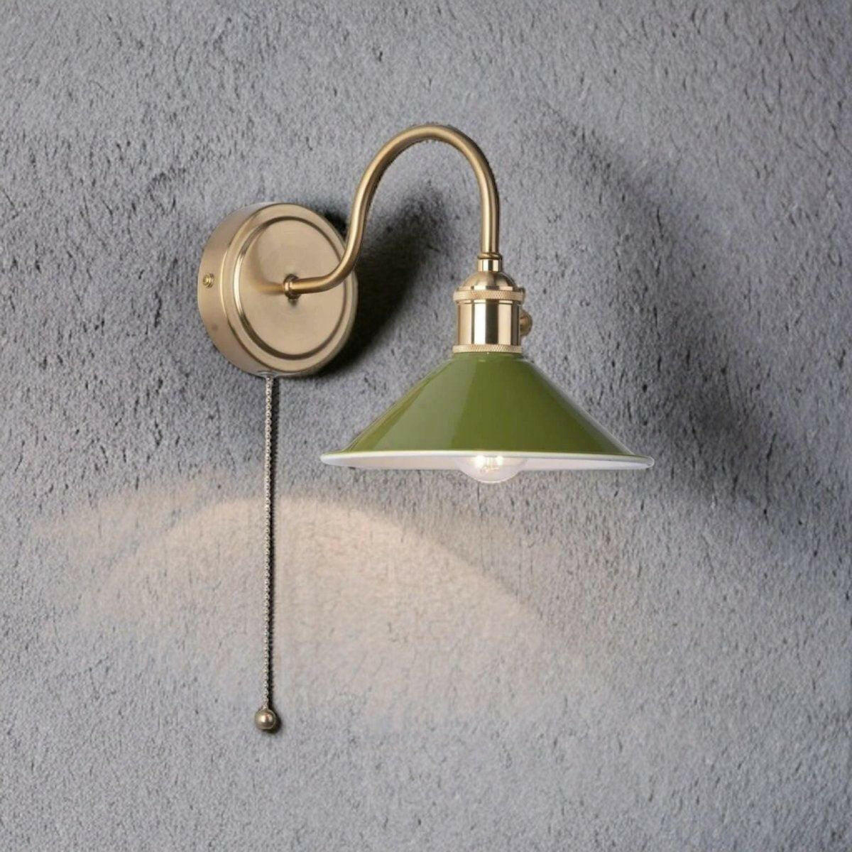 Hadano 1lt Wall Light Natural Brass With Olive Green Shade.