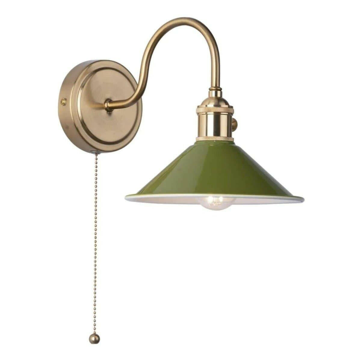Hadano 1lt Wall Light Natural Brass With Olive Green Shade.