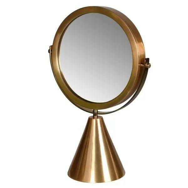 Modernist Double Sided Mirror in Antiqued Brass Finish.