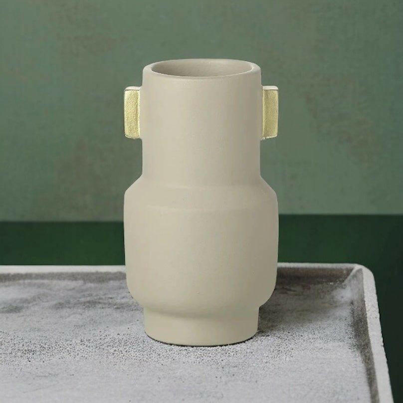 Taupe and Gold Mid Century Ceramic Vase.