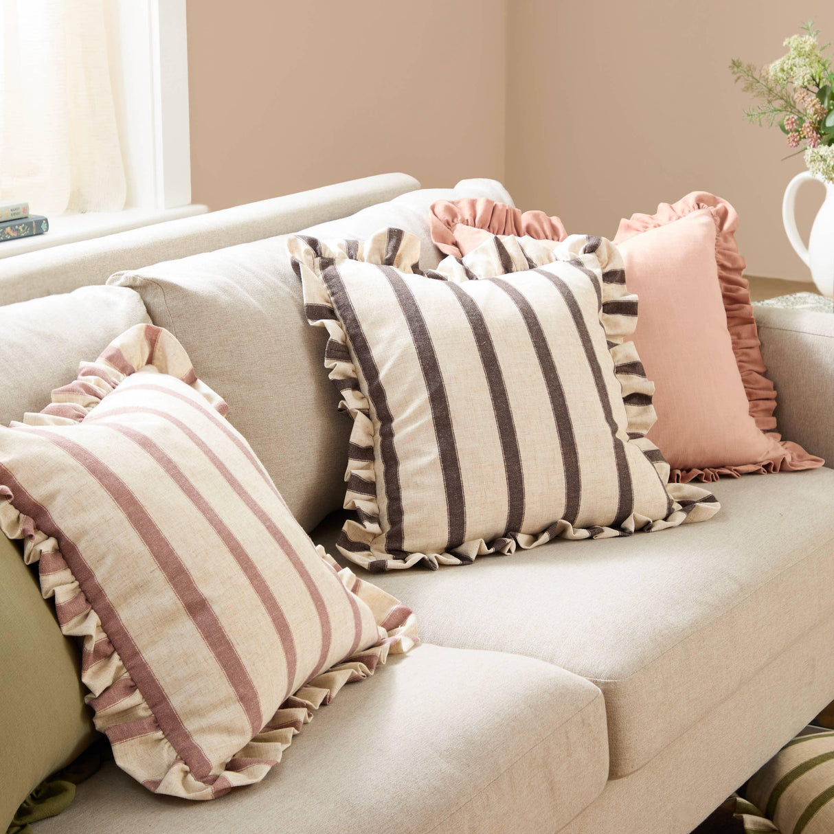 Riva Home - Connie Square Striped Ruffle Cushion Clay Pink: Clay Pink / Polyester Filled / 45 x 45cm.