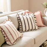 Riva Home - Connie Square Striped Ruffle Cushion Clay Pink: Clay Pink / Polyester Filled / 45 x 45cm.