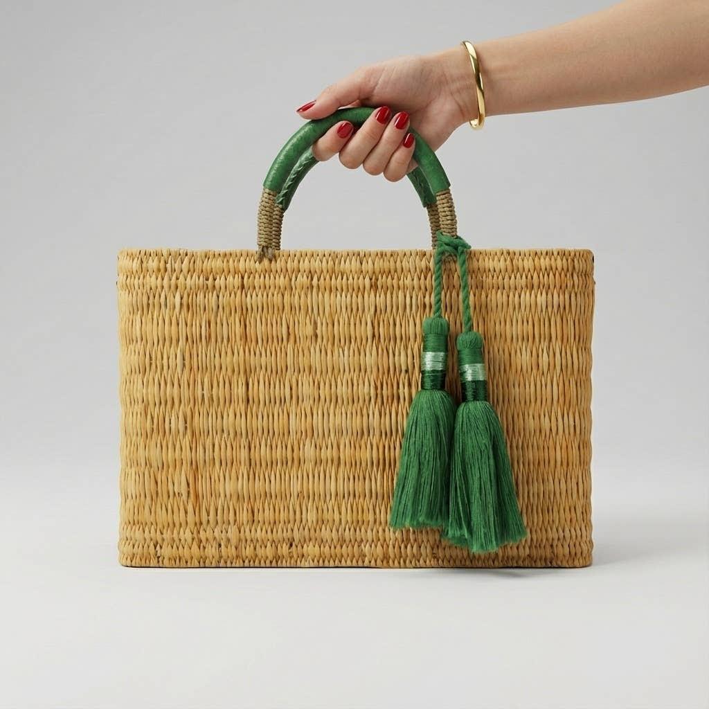 Melecraft - Bohemia Woven Reed Tote Bag with Orange Tassels: Orange.