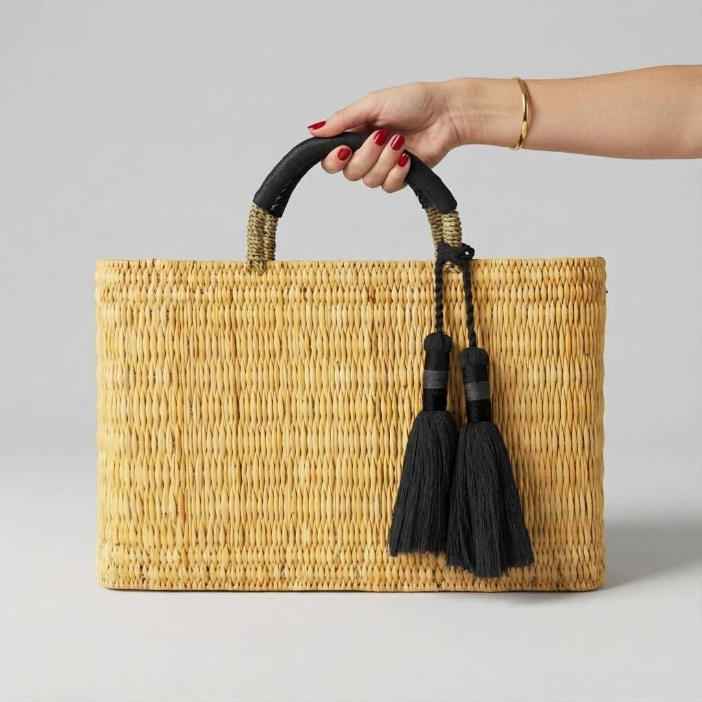 Melecraft - Bohemia Woven Reed Tote Bag with Orange Tassels: Green.
