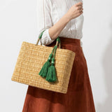 Melecraft - Bohemia Woven Reed Tote Bag with Orange Tassels: Green.