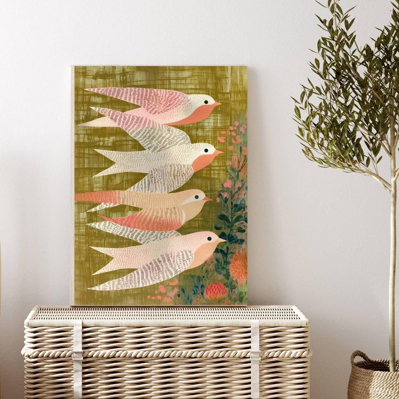 Luxury botanical art print featuring elegant swallows in exquisite detail, perfect for upscale interior decor.