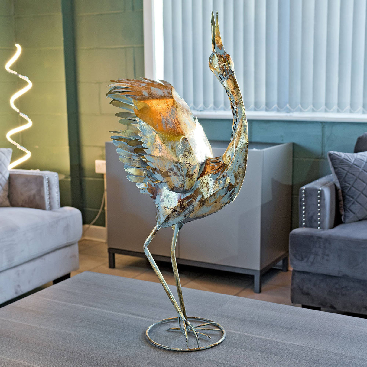 Gold Metal Standing Crane Head Up Sculpture
