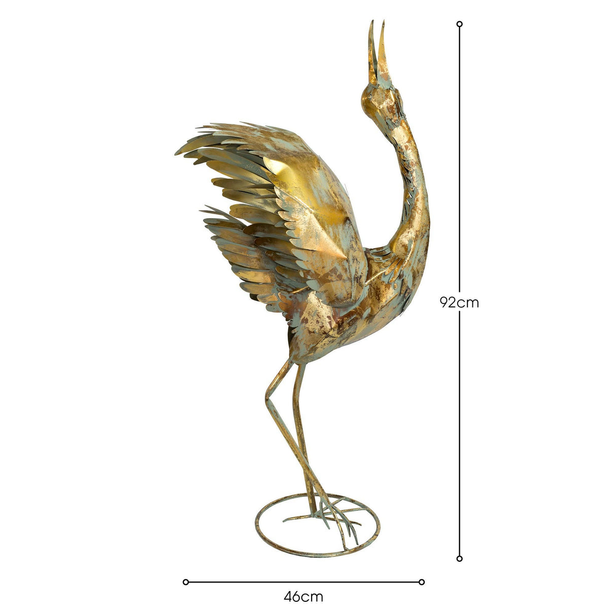 Gold Metal Standing Crane Head Up Sculpture
