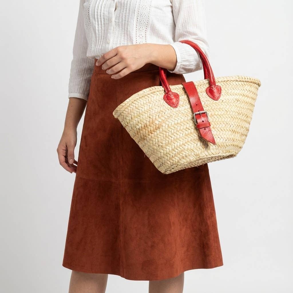Melecraft - Mini French Market Basket Leather Buckle Straw Bag : Red.