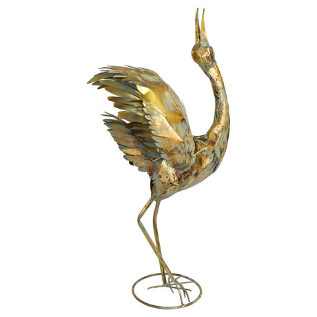 Gold Metal Standing Crane Head Up Sculpture