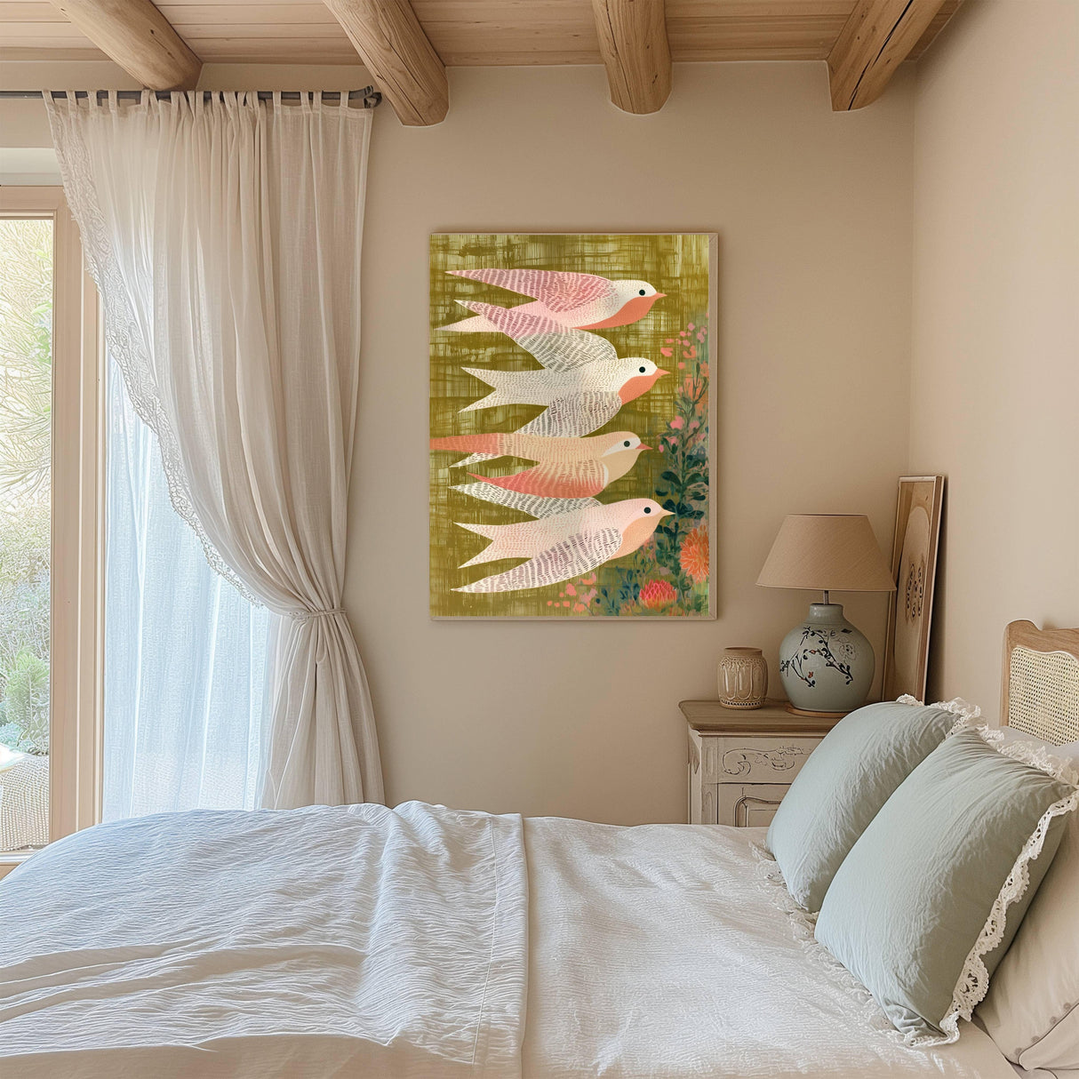 Luxury botanical art print featuring elegant swallows in exquisite detail, perfect for upscale interior decor.