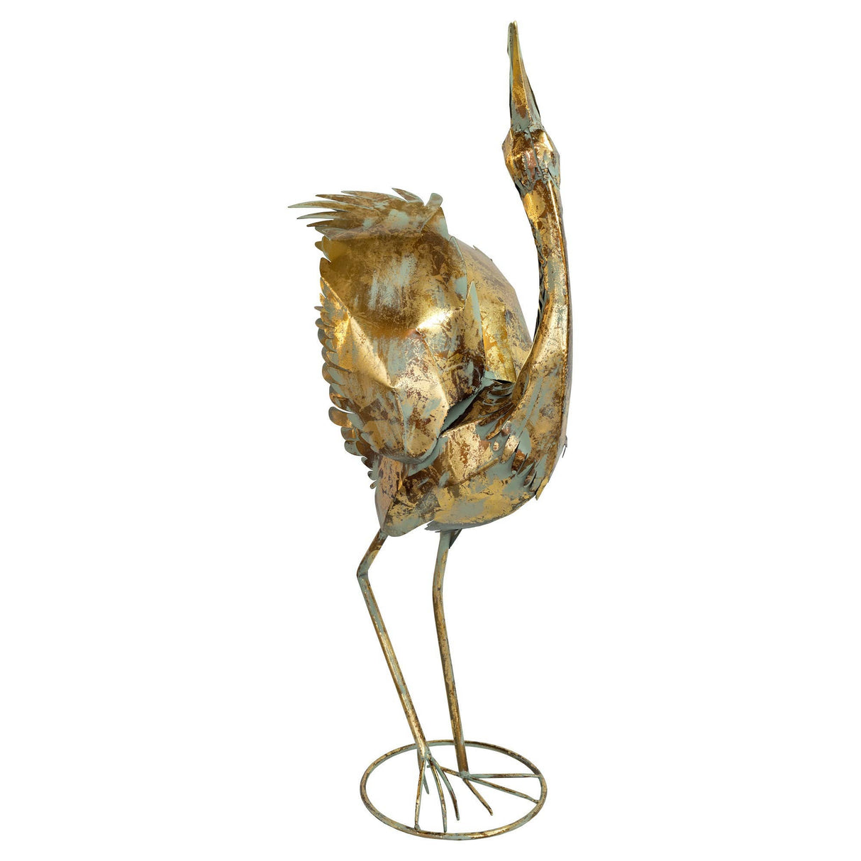 Gold Metal Standing Crane Head Up Sculpture