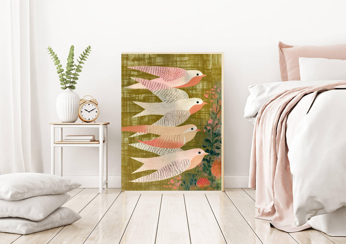 Luxury botanical art print featuring elegant swallows in exquisite detail, perfect for upscale interior decor.