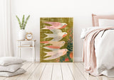 Luxury botanical art print featuring elegant swallows in exquisite detail, perfect for upscale interior decor.