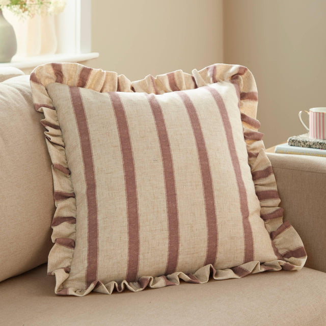 Riva Home - Connie Square Striped Ruffle Cushion Clay Pink: Clay Pink / Polyester Filled / 45 x 45cm.