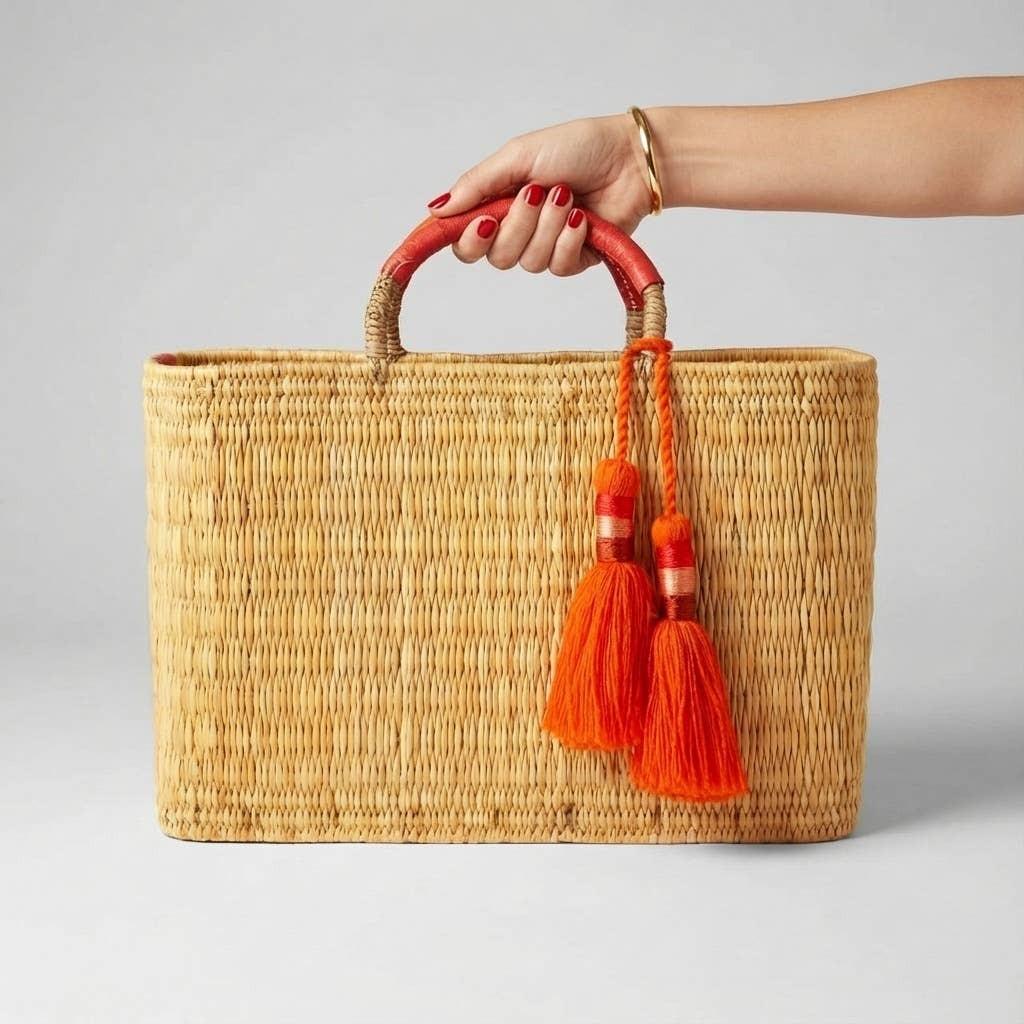 Melecraft - Bohemia Woven Reed Tote Bag with Orange Tassels: Orange.