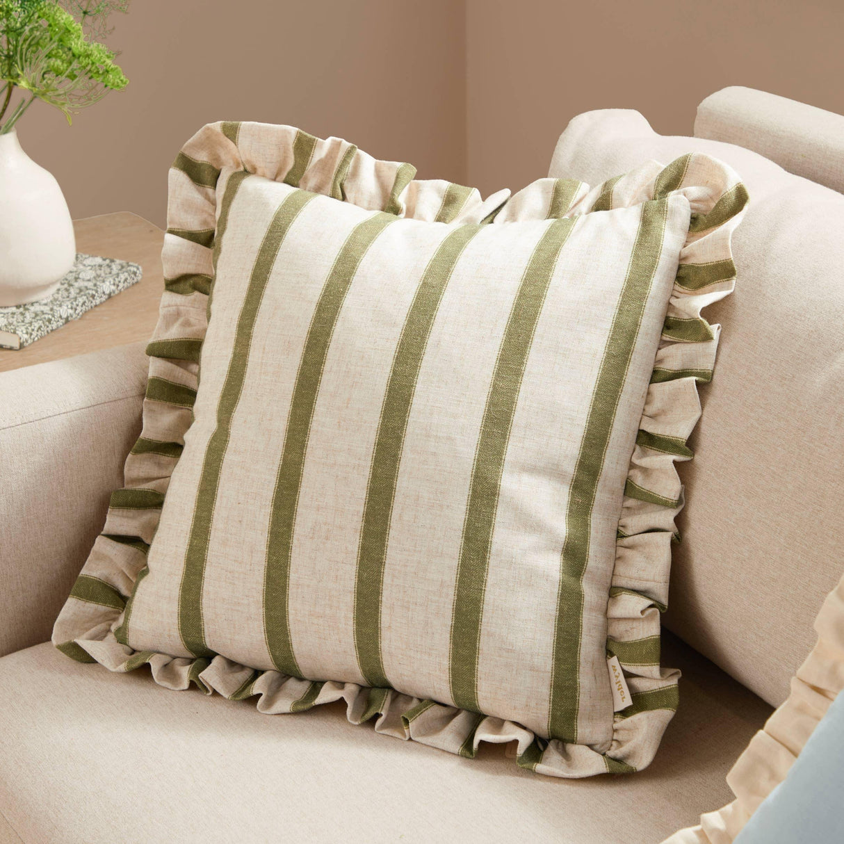 Riva Home - Connie Square Striped Ruffle Cushion Olive: Olive / Polyester Filled / 45 x 45cm.