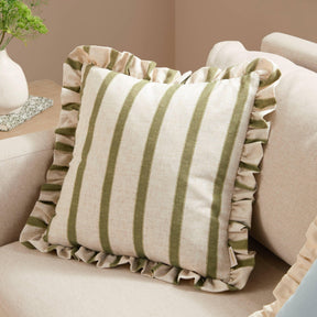 Riva Home - Connie Square Striped Ruffle Cushion Olive: Olive / Polyester Filled / 45 x 45cm.