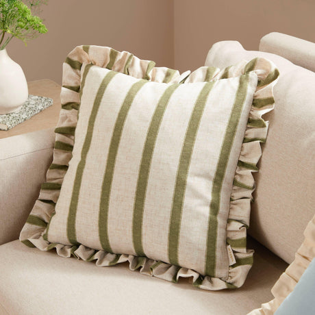 Riva Home - Connie Square Striped Ruffle Cushion Olive: Olive / Polyester Filled / 45 x 45cm.