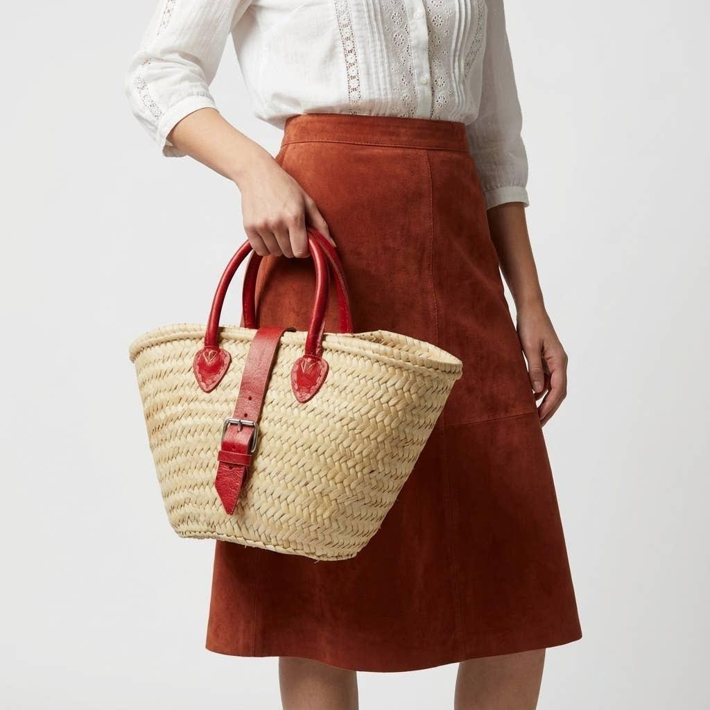 Melecraft - Mini French Market Basket Leather Buckle Straw Bag : Red.